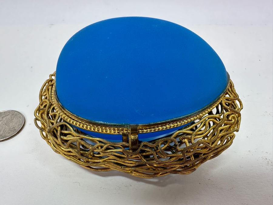 Antique Opaline Glass: Blue Egg Casket Box On Gilt Metal Nest 4.25'W (Top Of Egg Has Crack) 1882 Moltke 4'L Appraised $600 [Photo 4]