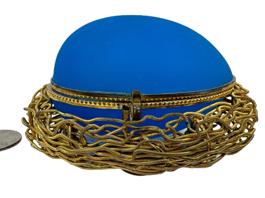 Antique Opaline Glass: Blue Egg Casket Box On Gilt Metal Nest 4.25'W (Top Of Egg Has Crack) 1882 Moltke 4'L Appraised $600 [Photo 1]