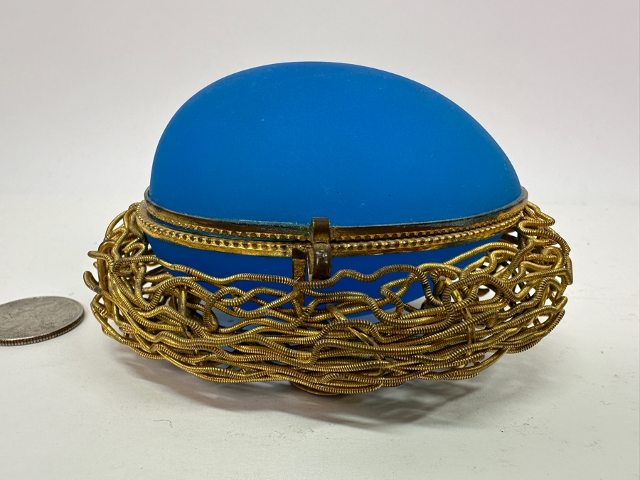 Antique Opaline Glass: Blue Egg Casket Box On Gilt Metal Nest 4.25'W (Top Of Egg Has Crack) 1882 Moltke 4'L Appraised $600 [Photo 2]