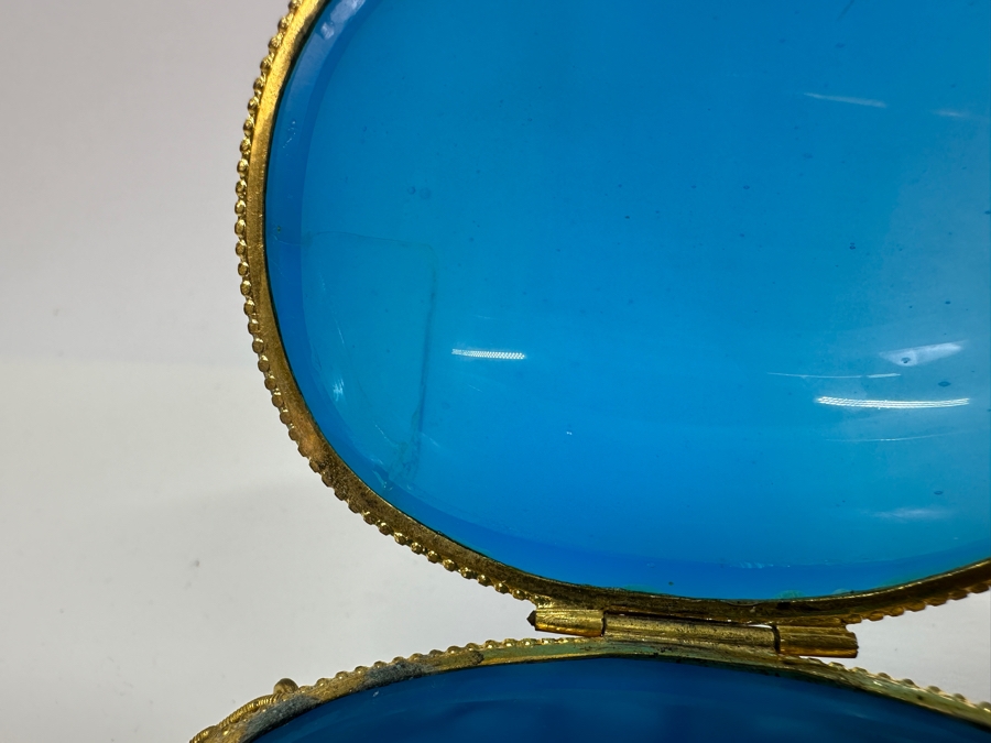 Antique Opaline Glass: Blue Egg Casket Box On Gilt Metal Nest 4.25'W (Top Of Egg Has Crack) 1882 Moltke 4'L Appraised $600 [Photo 10]