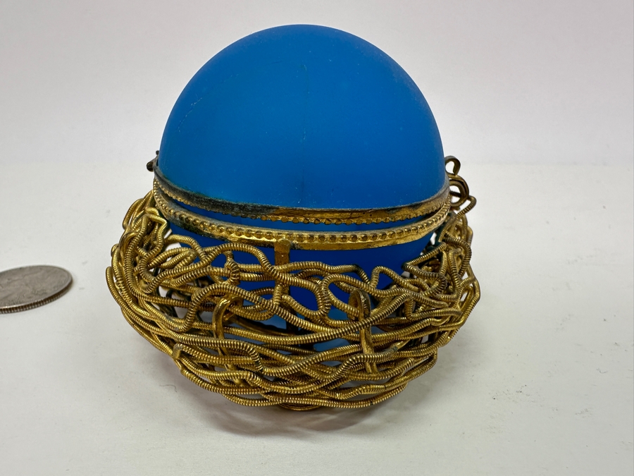 Antique Opaline Glass: Blue Egg Casket Box On Gilt Metal Nest 4.25'W (Top Of Egg Has Crack) 1882 Moltke 4'L Appraised $600 [Photo 5]