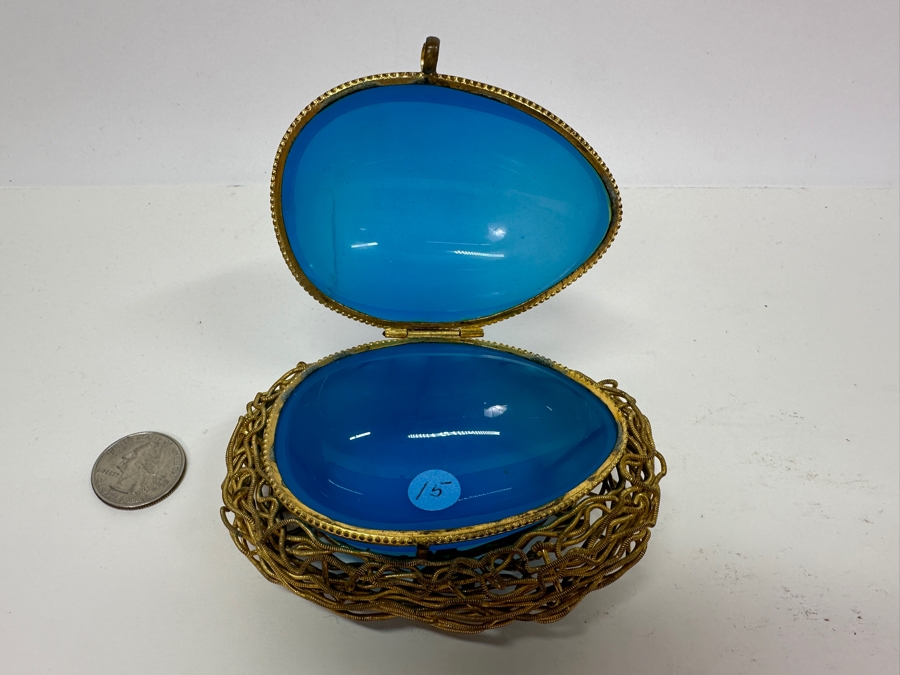 Antique Opaline Glass: Blue Egg Casket Box On Gilt Metal Nest 4.25'W (Top Of Egg Has Crack) 1882 Moltke 4'L Appraised $600 [Photo 9]