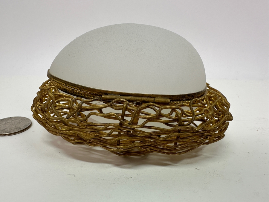 Antique Opaline Glass: White Egg Casket Box On Gilt Metal Nest 4.25'W Client Paid $187 [Photo 5]