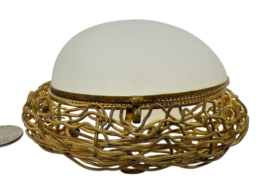 Antique Opaline Glass: White Egg Casket Box On Gilt Metal Nest 4.25'W Client Paid $187 [Photo 1]