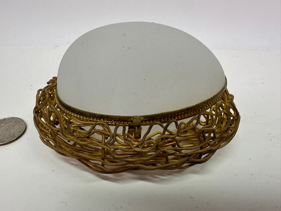 Antique Opaline Glass: White Egg Casket Box On Gilt Metal Nest 4.25'W Client Paid $187 [Photo 3]