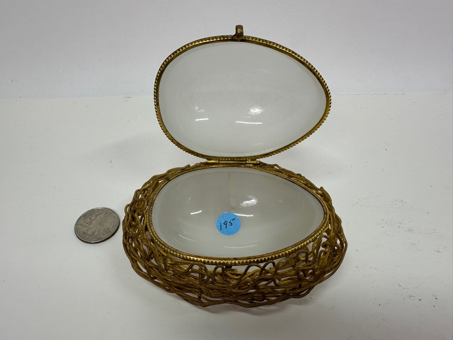 Antique Opaline Glass: White Egg Casket Box On Gilt Metal Nest 4.25'W Client Paid $187 [Photo 8]