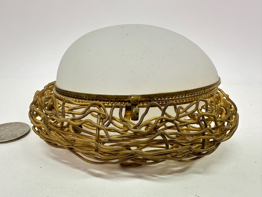 Antique Opaline Glass: White Egg Casket Box On Gilt Metal Nest 4.25'W Client Paid $187 [Photo 2]