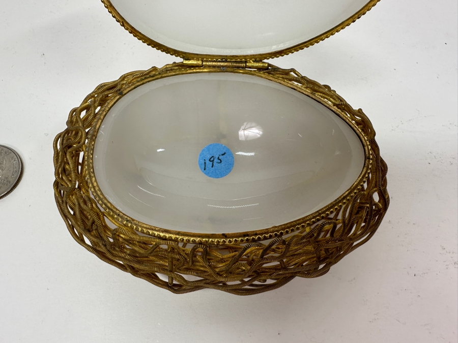 Antique Opaline Glass: White Egg Casket Box On Gilt Metal Nest 4.25'W Client Paid $187 [Photo 9]