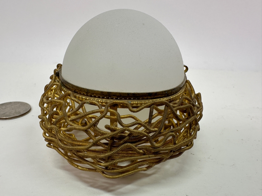 Antique Opaline Glass: White Egg Casket Box On Gilt Metal Nest 4.25'W Client Paid $187 [Photo 4]
