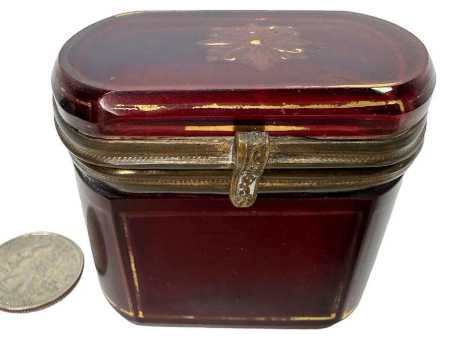 Vintage Ruby Red Glass Box With Gold Decor 2.5'W X 2.25'H [Photo 1]