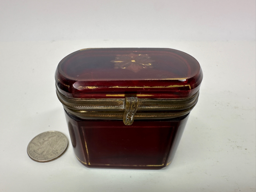 Vintage Ruby Red Glass Box With Gold Decor 2.5'W X 2.25'H [Photo 3]