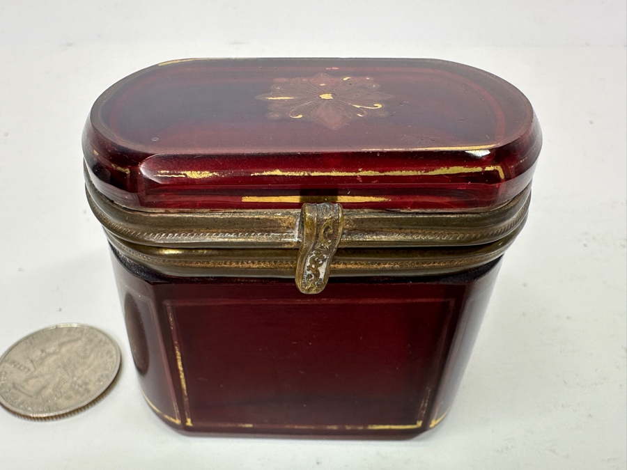 Vintage Ruby Red Glass Box With Gold Decor 2.5'W X 2.25'H [Photo 2]