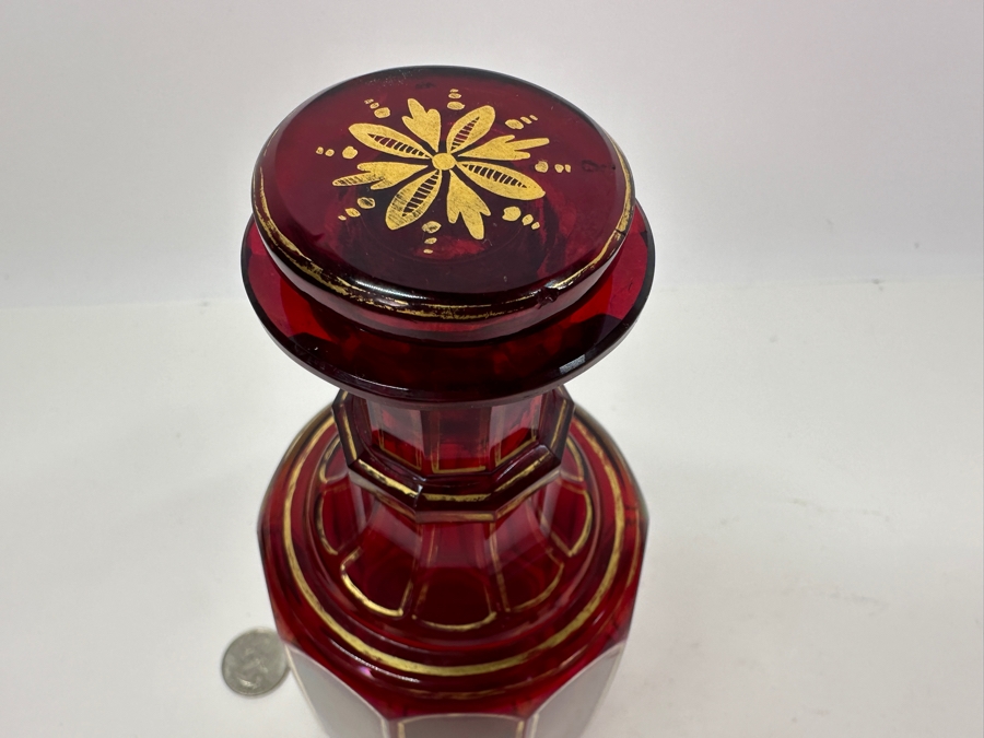 Vintage Ruby Red Glass Bottle With Stopper And Gold Decor 8'H [Photo 3]