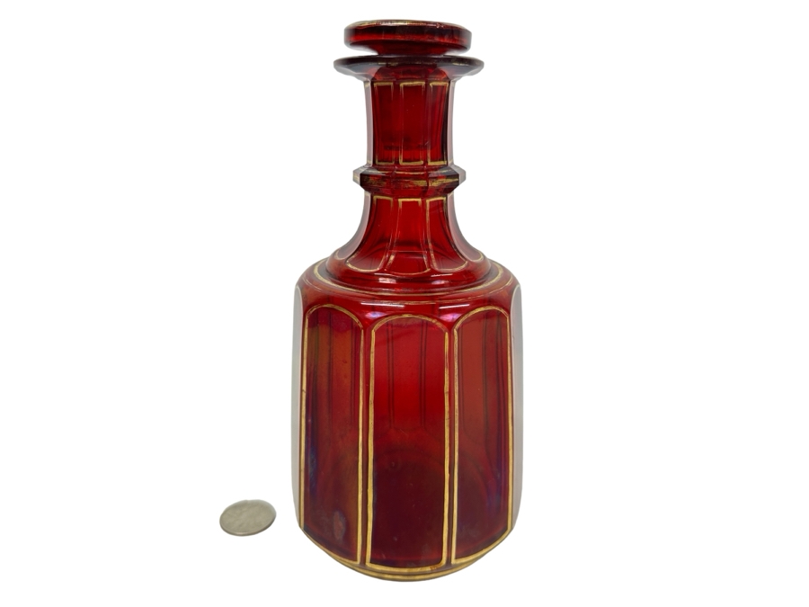 Vintage Ruby Red Glass Bottle With Stopper And Gold Decor 8'H [Photo 1]