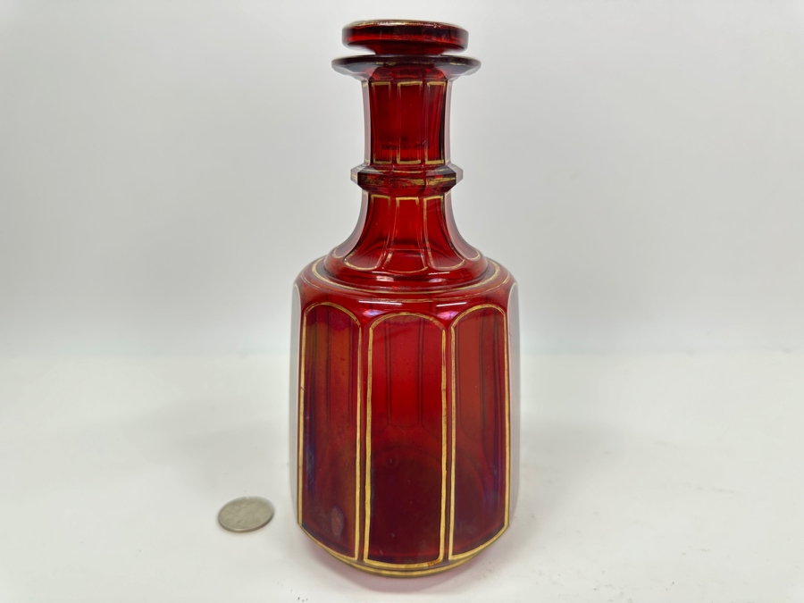 Vintage Ruby Red Glass Bottle With Stopper And Gold Decor 8'H [Photo 2]