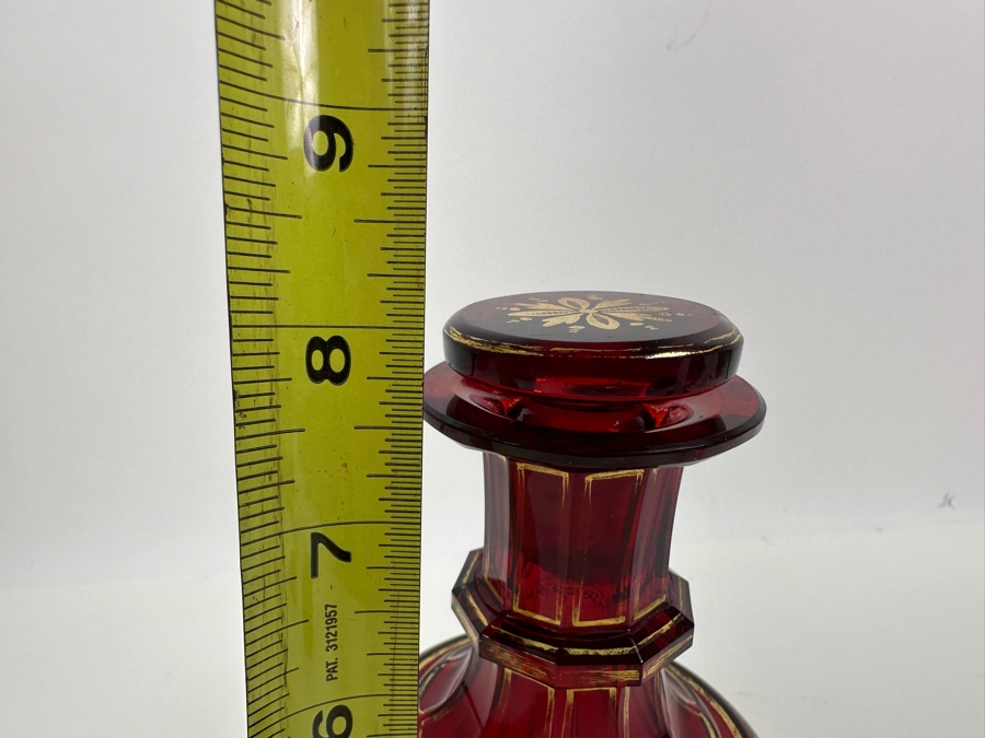 Vintage Ruby Red Glass Bottle With Stopper And Gold Decor 8'H [Photo 6]