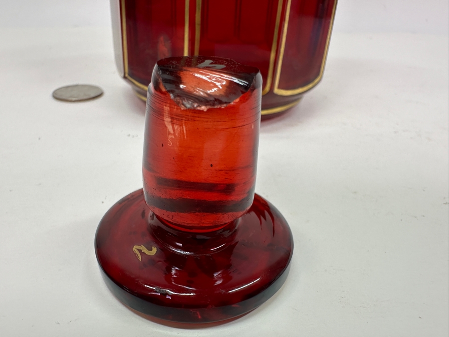 Vintage Ruby Red Glass Bottle With Stopper And Gold Decor 8'H [Photo 4]