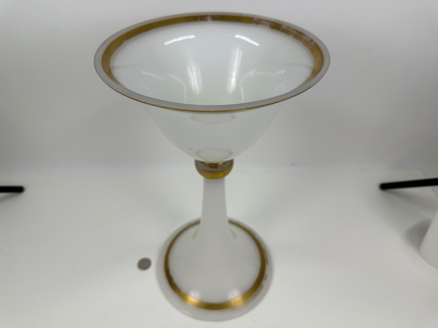 Antique Opaline Glass: Very Tall White & Gold Chalice 16'H Chips In Base Appraised $275 [Photo 4]