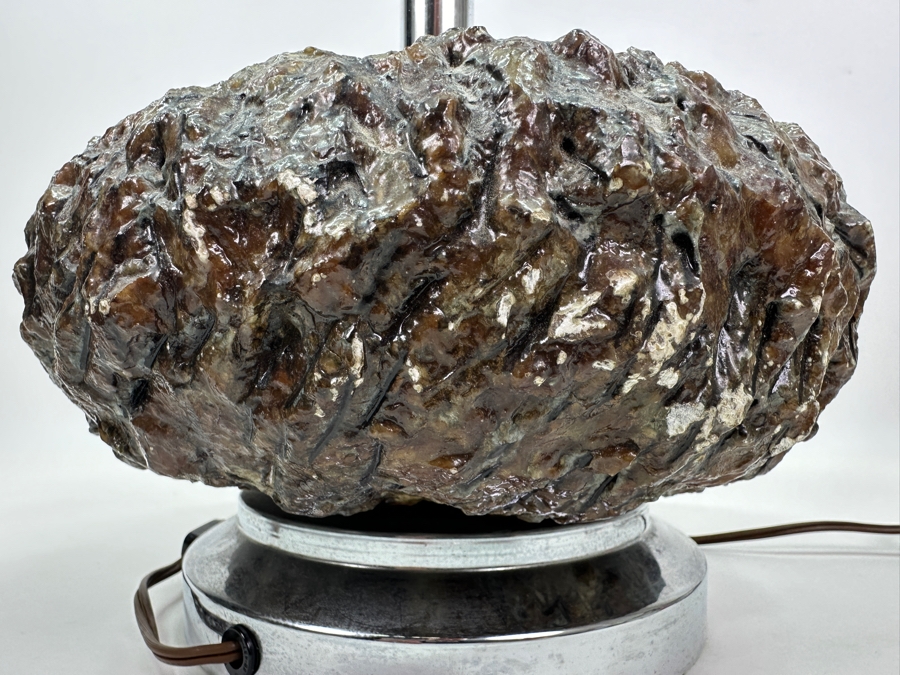 Pair Of Vintage Mid-Century Modern Chrome And Faux Stone Resin Table Lamps (Missing Harp Hardware) Maker Unknown 14.5'H [Photo 12]