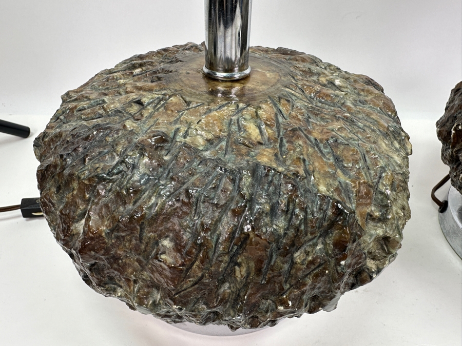 Pair Of Vintage Mid-Century Modern Chrome And Faux Stone Resin Table Lamps (Missing Harp Hardware) Maker Unknown 14.5'H [Photo 6]