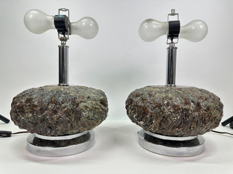 Pair Of Vintage Mid-Century Modern Chrome And Faux Stone Resin Table Lamps (Missing Harp Hardware) Maker Unknown 14.5'H [Photo 3]