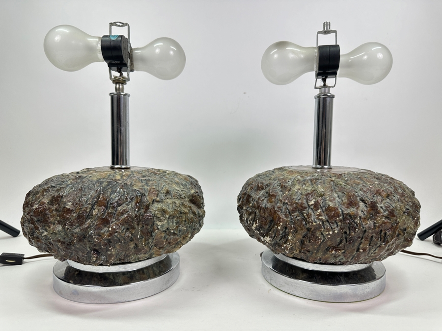 Pair Of Vintage Mid-Century Modern Chrome And Faux Stone Resin Table Lamps (Missing Harp Hardware) Maker Unknown 14.5'H [Photo 2]