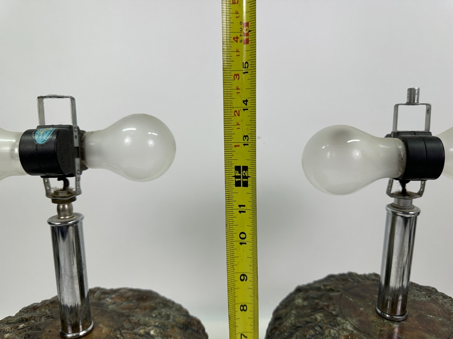 Pair Of Vintage Mid-Century Modern Chrome And Faux Stone Resin Table Lamps (Missing Harp Hardware) Maker Unknown 14.5'H [Photo 11]