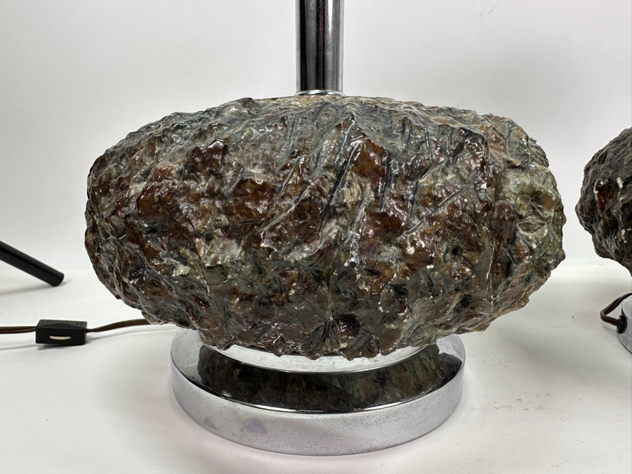 Pair Of Vintage Mid-Century Modern Chrome And Faux Stone Resin Table Lamps (Missing Harp Hardware) Maker Unknown 14.5'H [Photo 4]