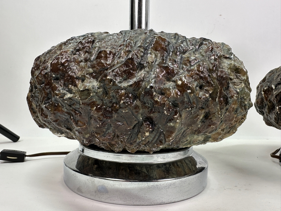 Pair Of Vintage Mid-Century Modern Chrome And Faux Stone Resin Table Lamps (Missing Harp Hardware) Maker Unknown 14.5'H [Photo 5]