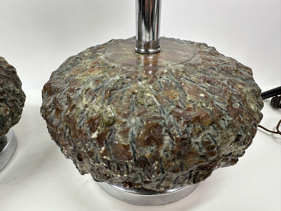Pair Of Vintage Mid-Century Modern Chrome And Faux Stone Resin Table Lamps (Missing Harp Hardware) Maker Unknown 14.5'H [Photo 9]