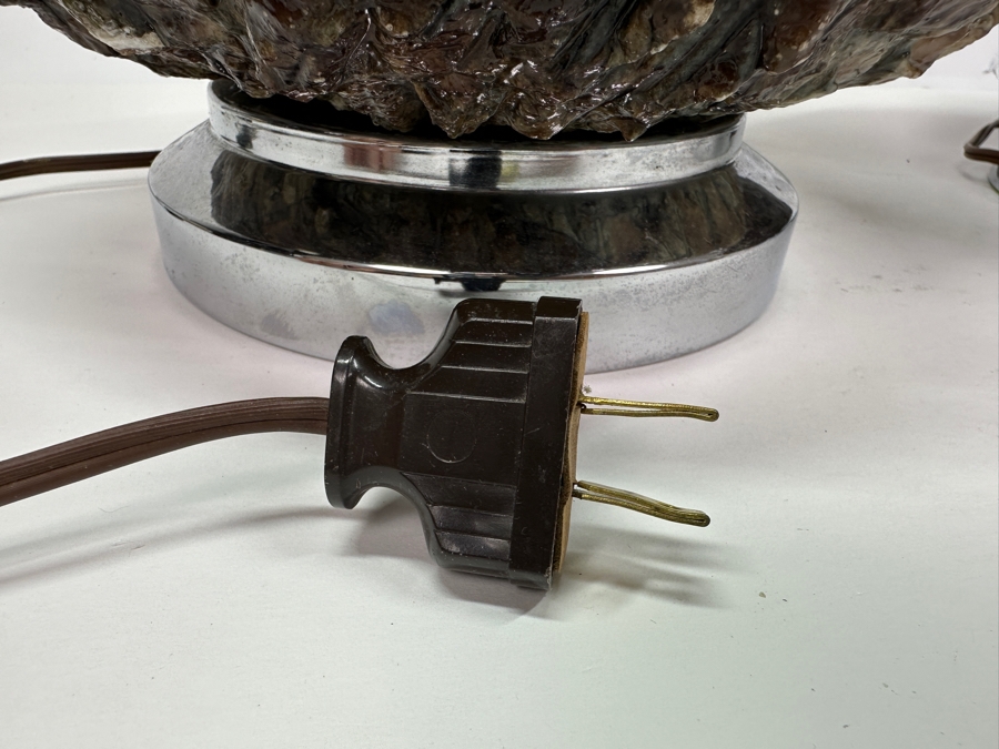 Pair Of Vintage Mid-Century Modern Chrome And Faux Stone Resin Table Lamps (Missing Harp Hardware) Maker Unknown 14.5'H [Photo 10]