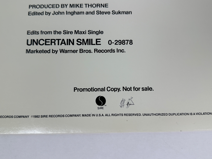 The The - Uncertain Smile PRO-A-1095 Sire Records 12' Vinyl Record 1982 Promo Copy [Photo 3]
