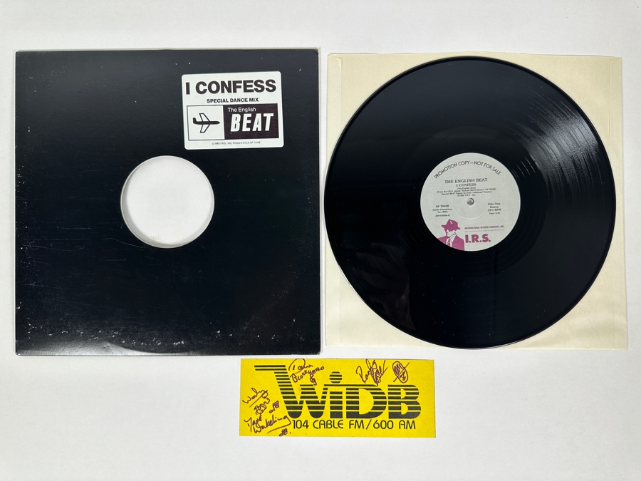 The English Beat Band Members Hand Signed Bumper Sticker Plus The English Beat - I Confess SP-70408 I.R.S. Records 12' Vinyl Record 1982 Promo Copy [Photo 1]