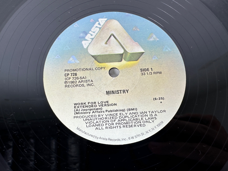 Ministry - Work For Love CP 726 Arista Records 12' Vinyl Record 1982 Promo Copy [Photo 6]