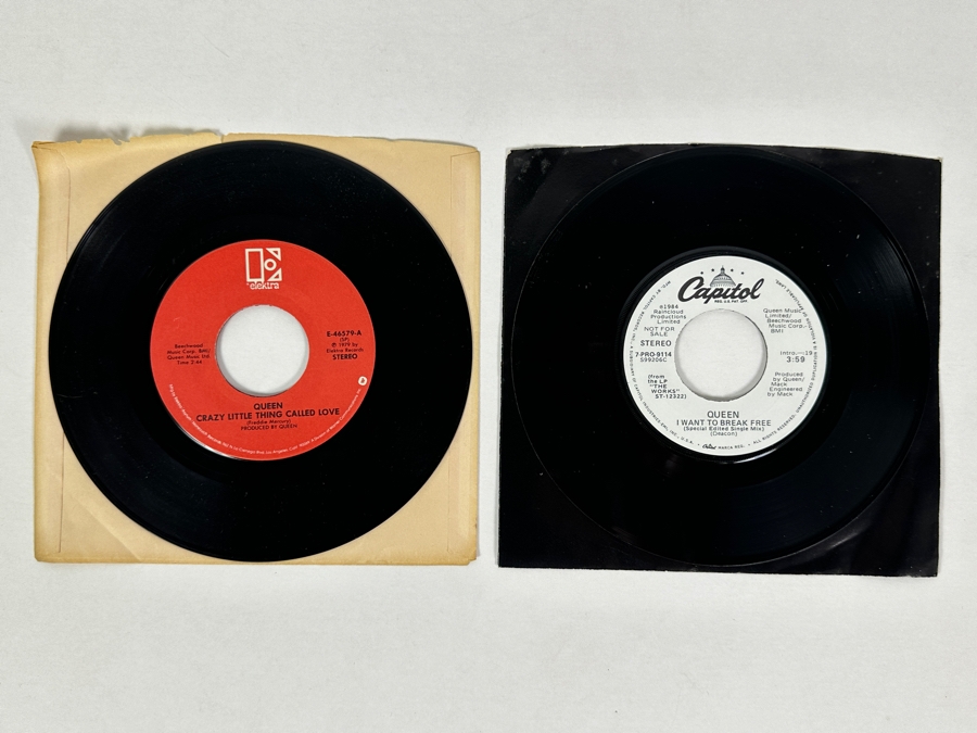 Queen - I Want To Break Free 7-PRO-9114 Capital Records 45 RPM Vinyl Record 1984 Promo Copy & Queen Crazy Little Thing Called Love E-46579 Elektra Records 45 RPM Vinyl Record 1979 [Photo 1]