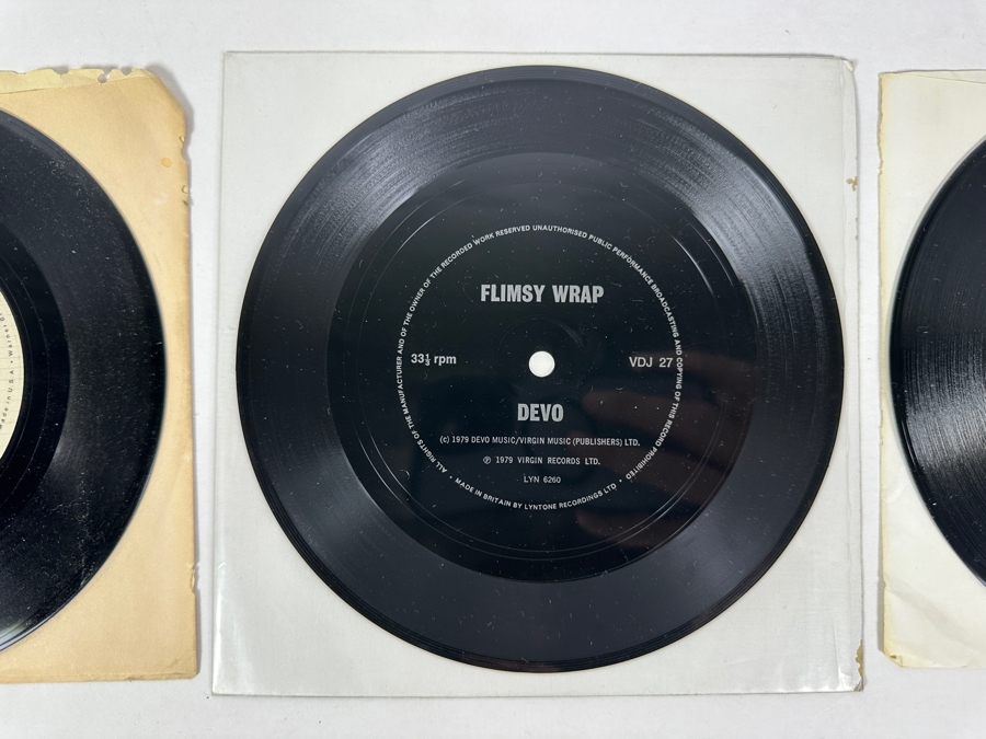 DEVO 45 RPM Vinyl Records: Working In The Coal Mine, Flimsy Wrap, Theme From Doctor Detroit Sample Copy [Photo 4]
