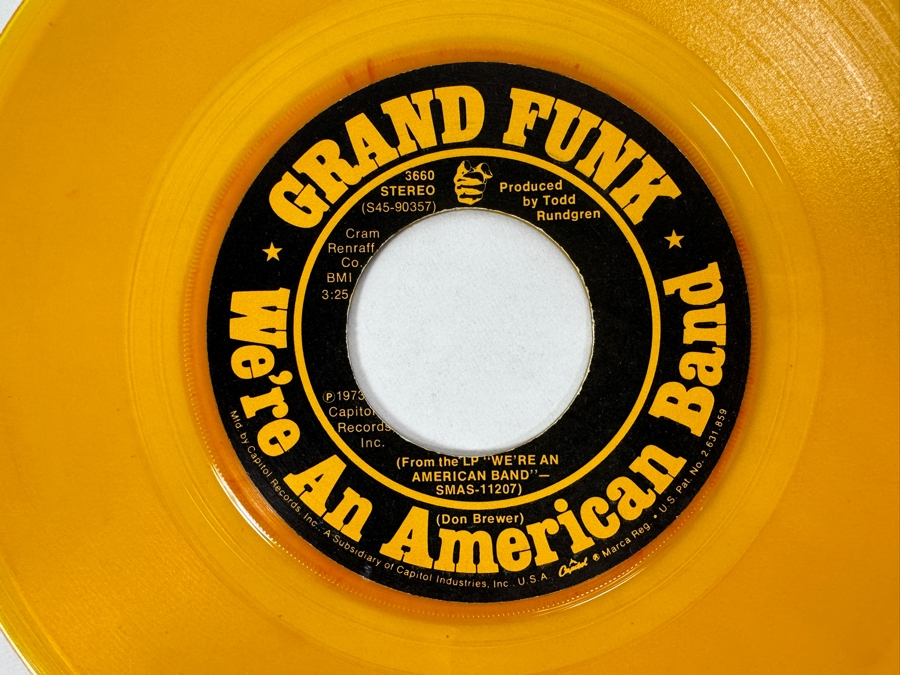 Grand Funk - We're An American Band 3660 Capital Records 45 RPM Vinyl Record 1973 Yellow [Photo 2]