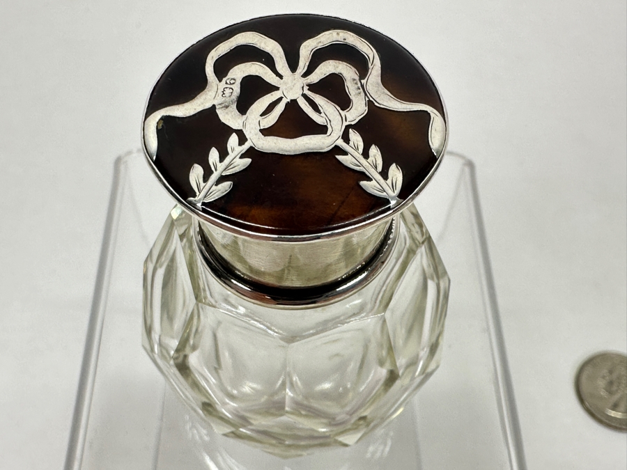 Just Added - Antique 1922 Birmingham England Sterling Silver & Tortoiseshell Lidded Perfume Scent Bottle 2.25'H [Photo 2]
