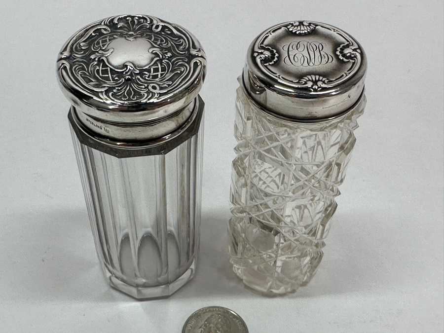 Just Added - Pair Of Vintage Sterling Repousse Hallmarked Top Dresser Jars / Bottles [Photo 3]