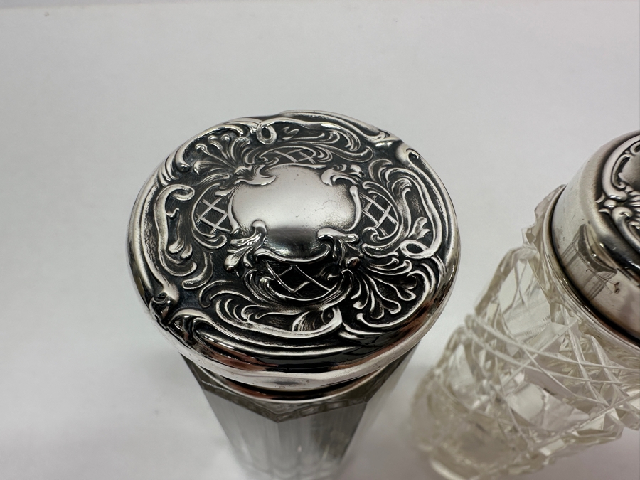 Just Added - Pair Of Vintage Sterling Repousse Hallmarked Top Dresser Jars / Bottles [Photo 7]