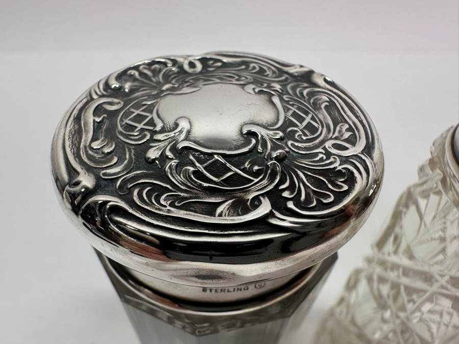 Just Added - Pair Of Vintage Sterling Repousse Hallmarked Top Dresser Jars / Bottles [Photo 6]