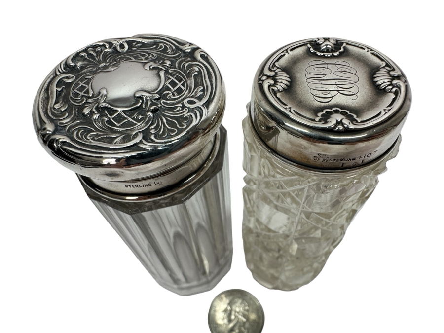 Just Added - Pair Of Vintage Sterling Repousse Hallmarked Top Dresser Jars / Bottles [Photo 2]