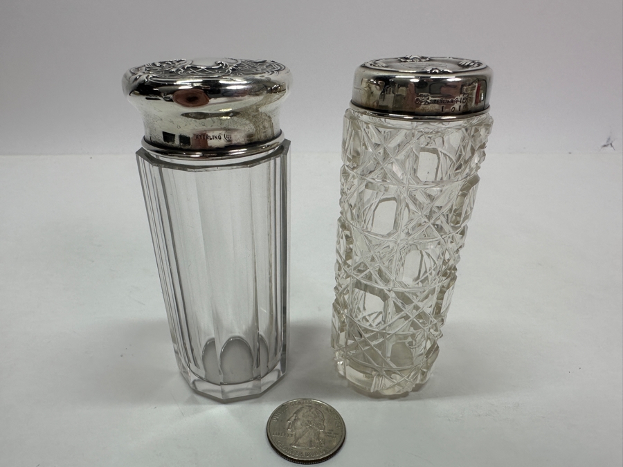 Just Added - Pair Of Vintage Sterling Repousse Hallmarked Top Dresser Jars / Bottles [Photo 5]