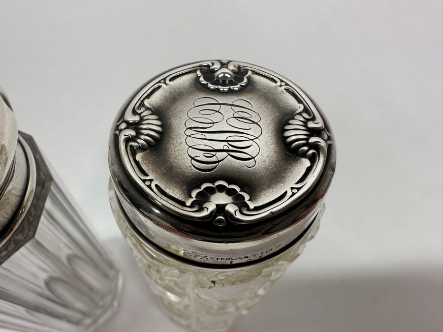 Just Added - Pair Of Vintage Sterling Repousse Hallmarked Top Dresser Jars / Bottles [Photo 8]
