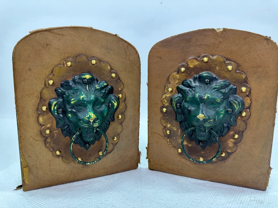 Just Added - Pair Of Vintage Italian Leather & Metal Lion Head Bookends 5.5'W X 7'H [Photo 5]