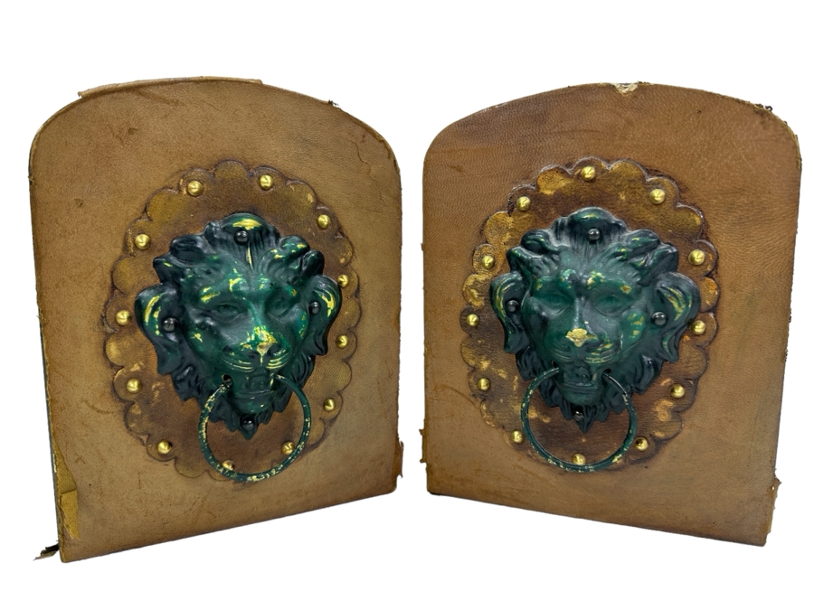 Just Added - Pair Of Vintage Italian Leather & Metal Lion Head Bookends 5.5'W X 7'H [Photo 1]