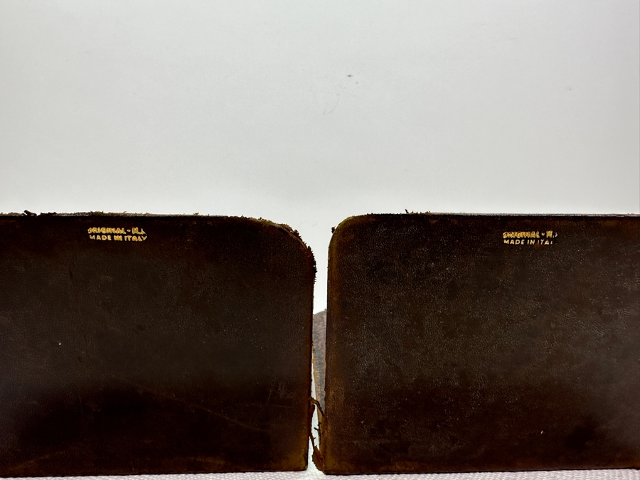 Just Added - Pair Of Vintage Italian Leather & Metal Lion Head Bookends 5.5'W X 7'H [Photo 7]