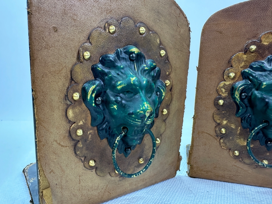 Just Added - Pair Of Vintage Italian Leather & Metal Lion Head Bookends 5.5'W X 7'H [Photo 3]