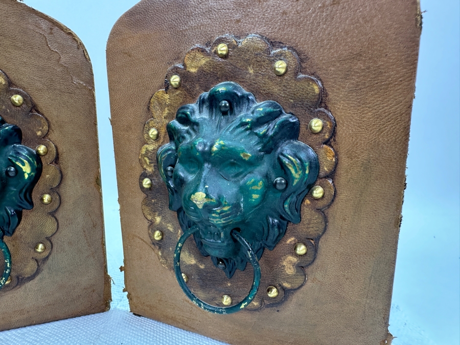 Just Added - Pair Of Vintage Italian Leather & Metal Lion Head Bookends 5.5'W X 7'H [Photo 4]