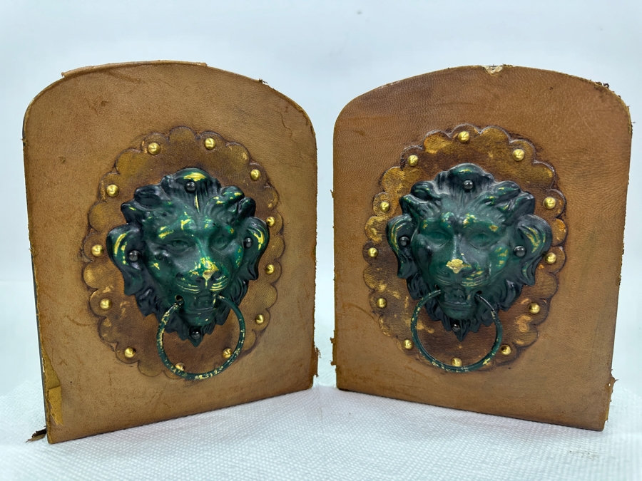 Just Added - Pair Of Vintage Italian Leather & Metal Lion Head Bookends 5.5'W X 7'H [Photo 2]